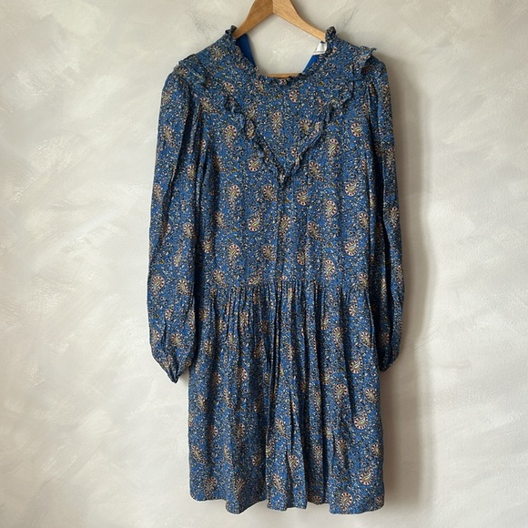 Anthropologie Maria dress, blue paisley ruffle bib prairie long sleeve western - Picture 3 of 10